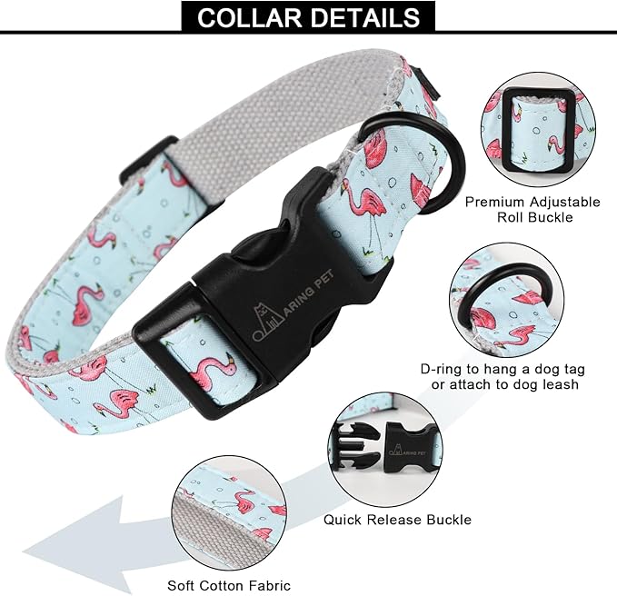 ARING PET Flamingo Dog Collar-Cute Summer Small Dog Collars, Adjustable Lightweight Cotton Pet Collars for Small Medium Large Boy and Girl Dogs, Large