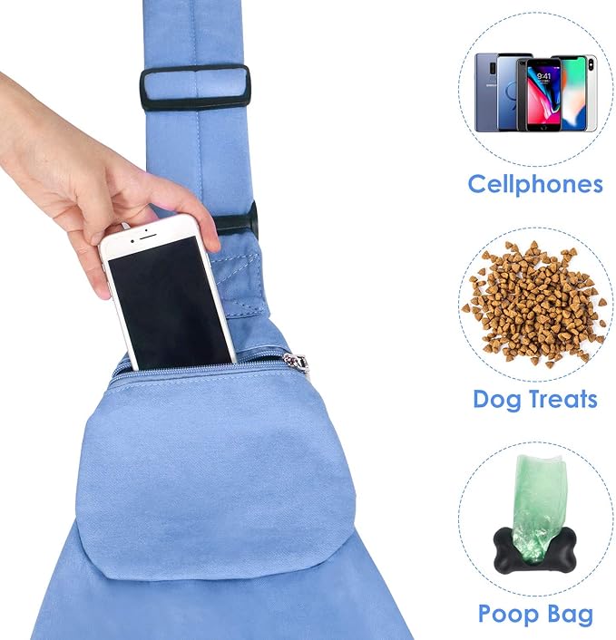 Lukovee Pet Sling, Hand Free Dog Sling Carrier Adjustable Padded Strap Tote Bag Breathable Cotton Shoulder Bag Front Pocket Safety Belt Carrying Small Dog Cat Puppy Machine Washable (Light Bule, M)