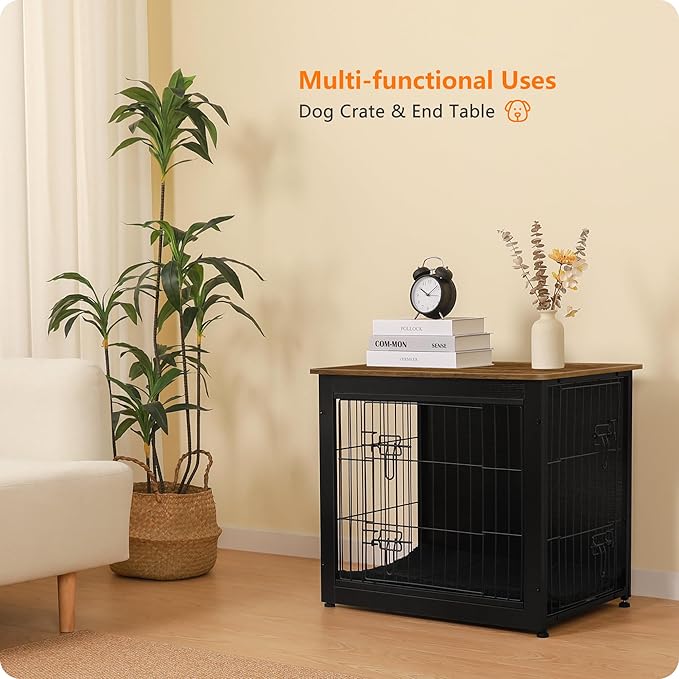 DWANTON Dog Crate Furniture with Cushion, Wooden Dog Crate with Double Doors, Dog Furniture, Dog Kennel Indoor for Small Dog,End Table, 27.2" L, Black+Warm Brown