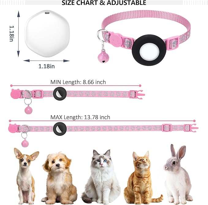 GPS Tracker for Cats, Mini GPS Pet Tracker with Collar, IPX8 Waterproof Cat Tracker Collar,No Monthly Fee,Work with Apple Find My(iOS Only),Smart Tracker for Pets(Pink)