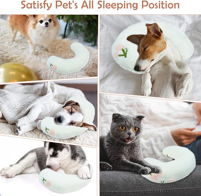 T'CHAQUE Dog Pillow Bed, Cat Calming Pillow, Dog Neck Pillow for Joint Relief Sleeping, Ultra Soft Half Donut Cuddler, Pillow Pet for Upper Spine Support, Doggy/Kitten Pillow Training Toy,White