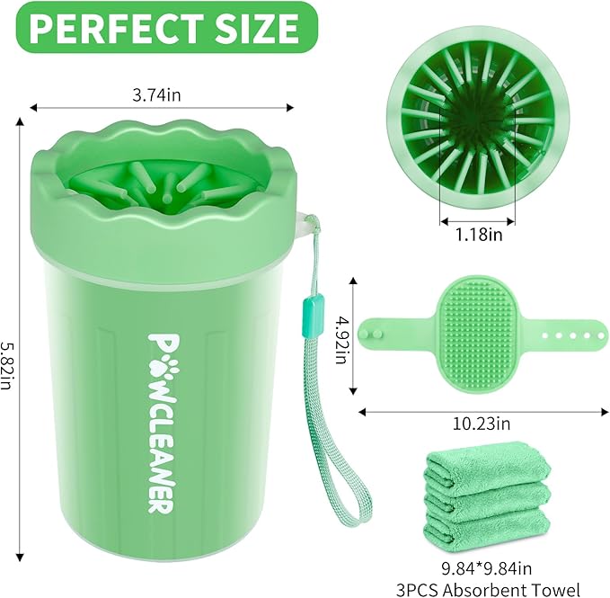 Dog Paw Cleaner for Dogs, (with 3Pcs Absorbent Towels & Adjustable Dog Bath Brush) Dog Paw Washer,Buddy Muddy Pet Foot Cleaner (Light Green, Medium)