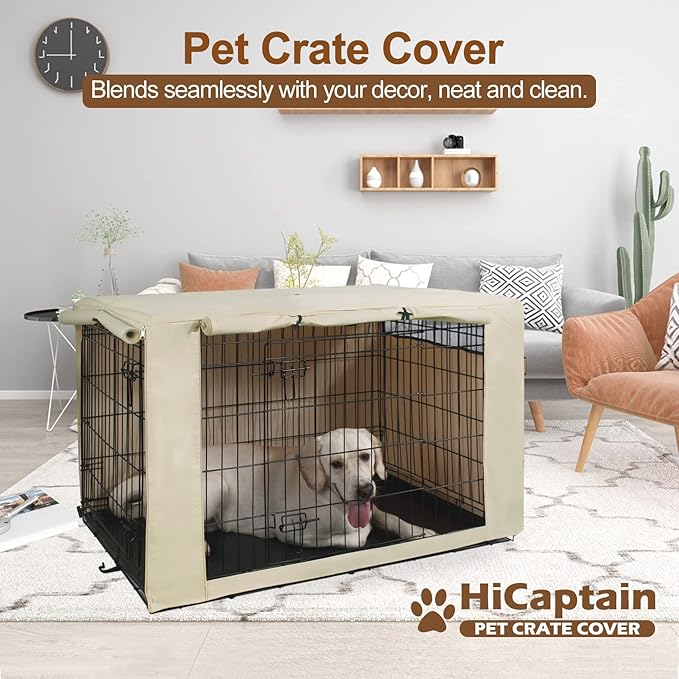 HiCaptain Dog Crate Cover for 54 Inches Wire Crates, Heavy-Duty Polyester Indoor Dog Kennel Cover Universal Fit for 1 2 Doors Standard Metal Cage (54 inches, Light Tan)