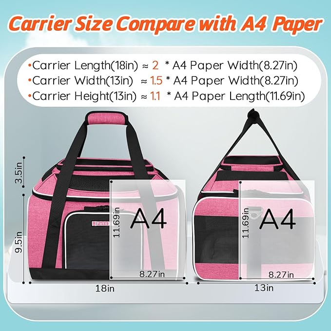 Petskd Top-Expandable Pet Carrier 18x13x9.5 Inches Southwest Allegiant Airline Approved, Soft-Sided Carrier for Small Cats and Dogs with Locking Safety Zippers and Anti-Scratch Mesh(Pink)