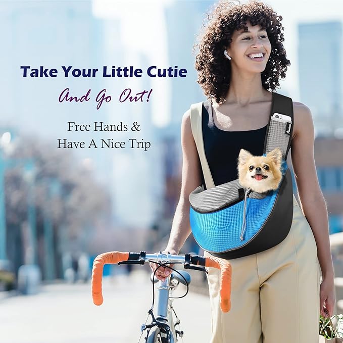 Pawaboo Pet Dog Sling Carrier, Hand Free Drawstring Dog Papoose with Adjustable Strap, Breathable Mesh Bag for Puppy Cat, Crossbody Satchel Dog Purse with Pocket for Outdoor Travel, Light Blue, Large