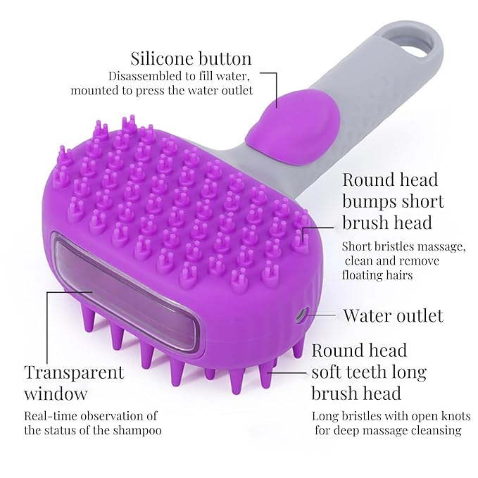 QMEAKMONY Dog Bath Brush Shampoo Brush Scrubber for Bath with Soap Dispenser Soft Bristles Deep Cleaning Ergonomic Handle for Grooming Shedding and Long Short Haired Dogs (Purple)