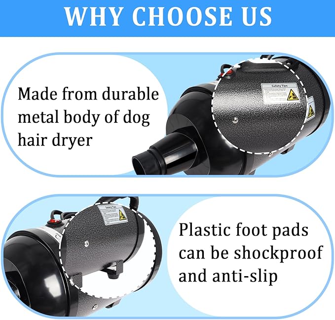 Large Dog Grooming Dryer - 5.2HP 3800W High Velocity Hair Dryer with Heater, Adjustable Temperature, and 4 Nozzles (Black)