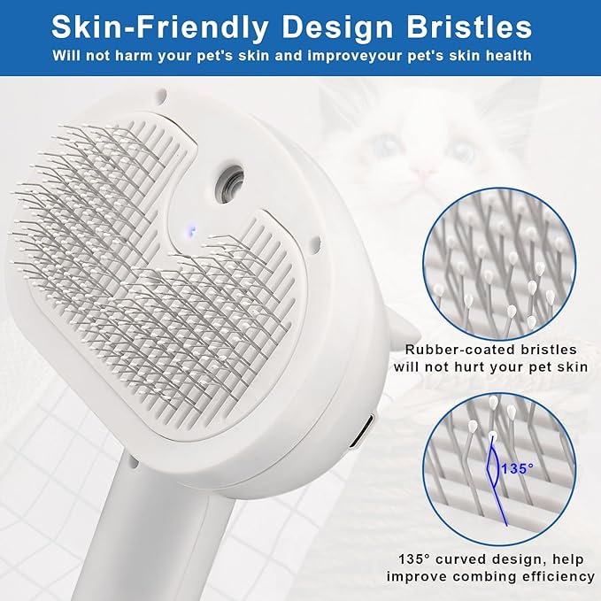 Pet Steam Hair Comb Brush for Shedding, 4 In 1 Spray Brush for Long & Short Haired Cat&Dog, Self-Cleaning Hair Remover with Water Tank And LED Blue Light, Release Button (White)