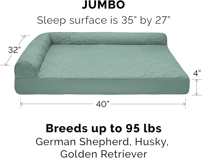 Furhaven Memory Foam Dog Bed for Large Dogs w/ Removable Bolsters & Washable Cover, For Dogs Up to 95 lbs - Pinsonic Quilted Paw L Shaped Chaise - Iceberg Green, Jumbo/XL