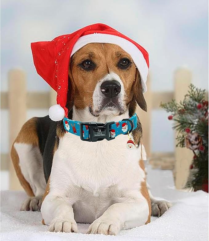 Lionheart glory Christmas Dog Collar, Blue Christmas Santa Deer Dogs Collar Adjustable Soft Comfortable Collars for Large Dogs Girl or Boy Pet Gift Fall Cute Collar