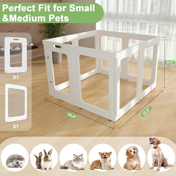 Acrylic Small Dog Playpen with Door, Clear Pet Play Pen Indoor, Easy Assemble Puppy Fence for Kitten Rabbit Small Animals, Plastic Bunny Kennel Cage Play Yard Portable Outdoor, White 8PCS