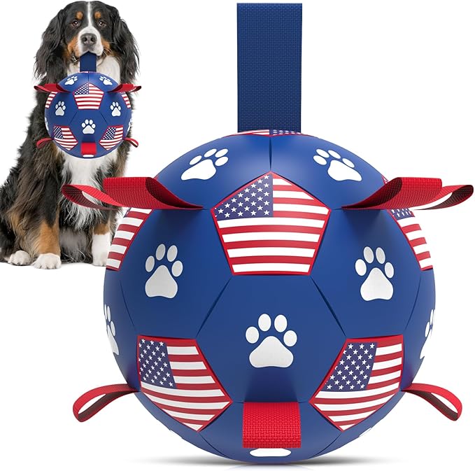 QDAN Dog Toys Soccer Ball with Straps - Durable Dog Balls for Extra Large Dogs, Beach Pool Dog Water Toy, Puppy Dog Birthday Gifts, Herding Balls for Dog (9 Inch)