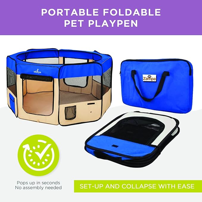 Zampa Dog Playpen Medium 45"x45"x24" Pop Up Portable Playpen for Dogs and Cat, Foldable | Indoor/Outdoor Pen & Travel Pet Carrier + Carrying Case.