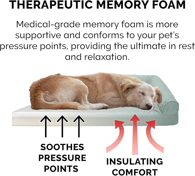 Furhaven Memory Foam Dog Bed for Large/Medium Dogs w/ Removable Bolsters & Washable Cover, For Dogs Up to 55 lbs - Pinsonic Quilted Paw L Shaped Chaise - Iceberg Green, Large