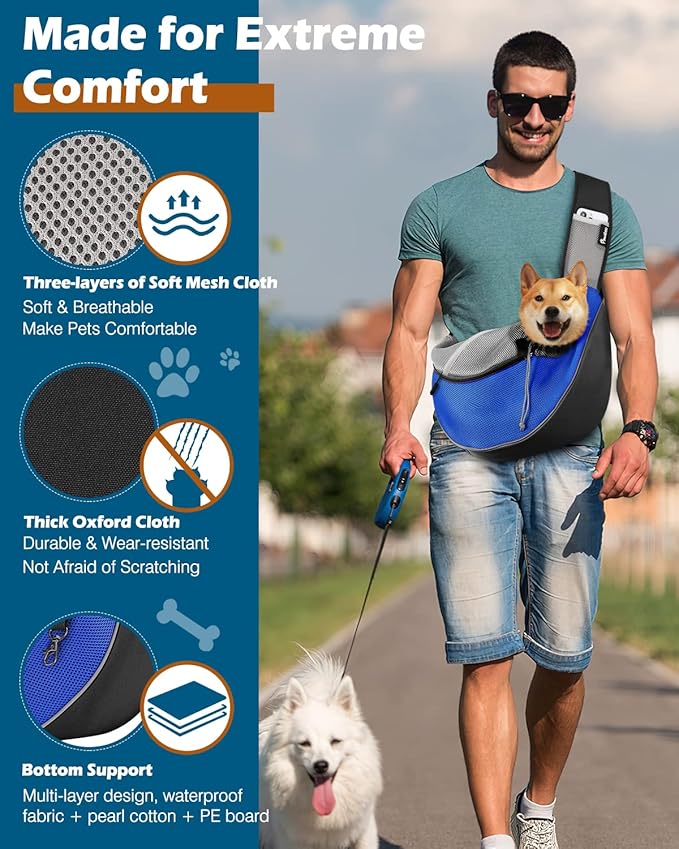 Pawaboo Dog Sling Carrier, Dog Papoose with Zipper Touch Pocket, Hand Free Breathable Mesh Puppy Carrier, Crossbody Satchel Dog Purse with Adjustable Strap for Outdoor Travel, Blue, Large