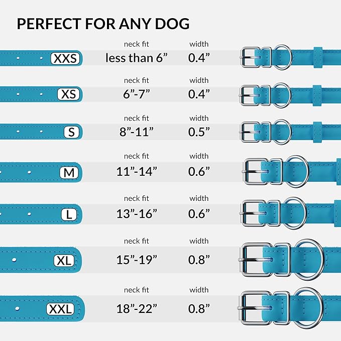 CollarDirect Rolled Leather Dog Collar, Soft Padded Round Puppy Collar, Handmade Genuine Leather Collar Dog Small Large Cat Collars 13 Colors (15-19 Inch, Light Blue Smooth)