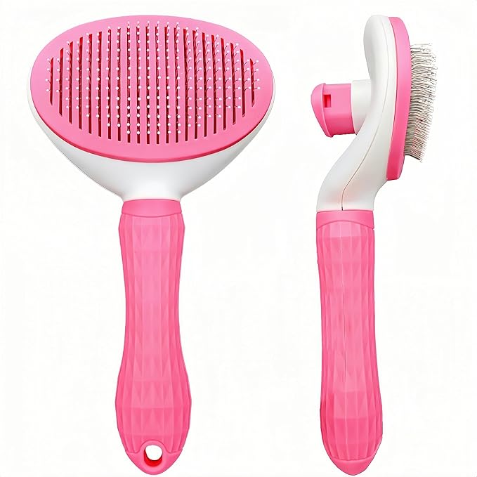 Self-Cleaning Slicker Brush for Dogs and Cats, Hair Cleaner Brush, Shedding and Dematting Grooming Comb, Pet Grooming Brush-Pink