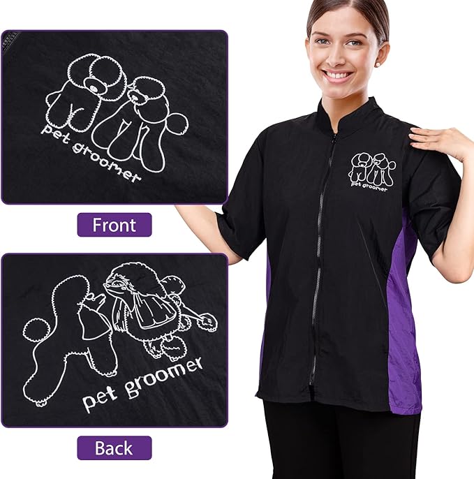 Noverlife Pet Grooming Workwear with Full Zipper, M Size, Anti-Static Pet Beautician Work Clothes, Lightweight Hair Repellent Shirt Style Pet Groomer Smock for Dog Cat Grooming Shop
