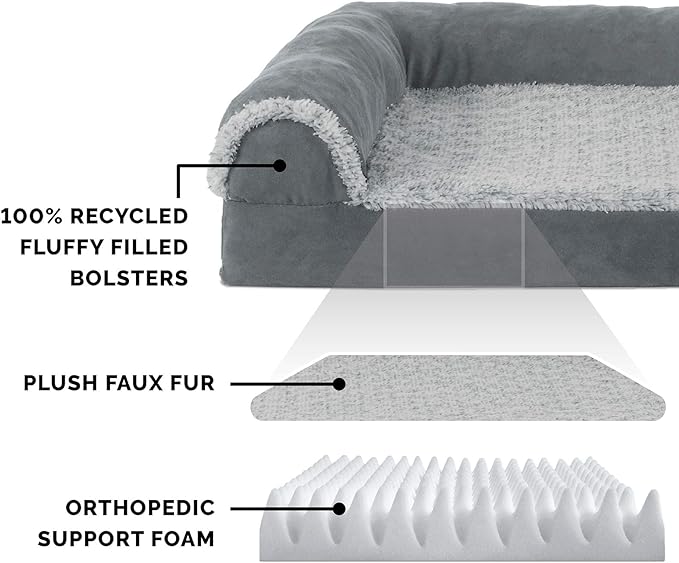 Furhaven Orthopedic Dog Bed for Medium/Small Dogs w/ Removable Bolsters & Washable Cover, For Dogs Up to 35 lbs - Two-Tone Plush Faux Fur & Suede L Shaped Chaise - Stone Gray, Medium