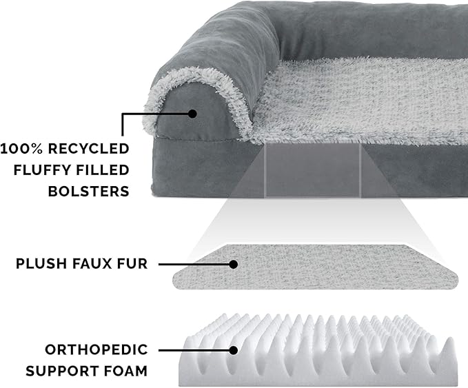 Furhaven Orthopedic Dog Bed for Medium/Small Dogs w/ Removable Bolsters & Washable Cover, For Dogs Up to 35 lbs - Two-Tone Plush Faux Fur & Suede L Shaped Chaise - Stone Gray, Medium