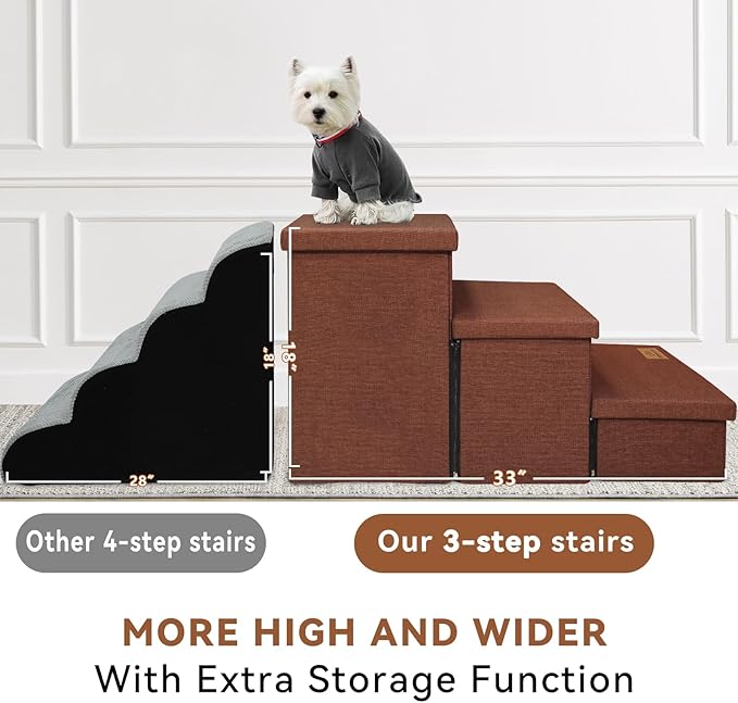 Dog Stairs with Storage 17.5" H, 3-Step Wider Dog Steps for Small/Medium/Large Dogs Cats, Folding Sturdy Pet Stairs Climbing Bed or Sofa, Dog Ramp for Car Hold Up to 200 lbs (Brown, No Condo)