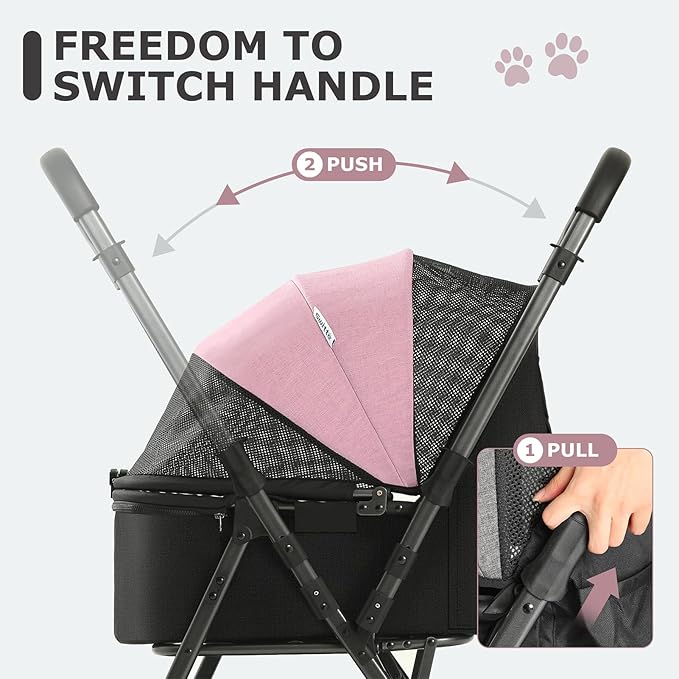 SWITTE Dog Stroller for Small Medium Dogs, Foldable Cat Pet Stroller with Reversible Handlebar, 4 Universal Wheels, Portable Puppy Dog Jogging Stroller with Waterproof Pad, Pink