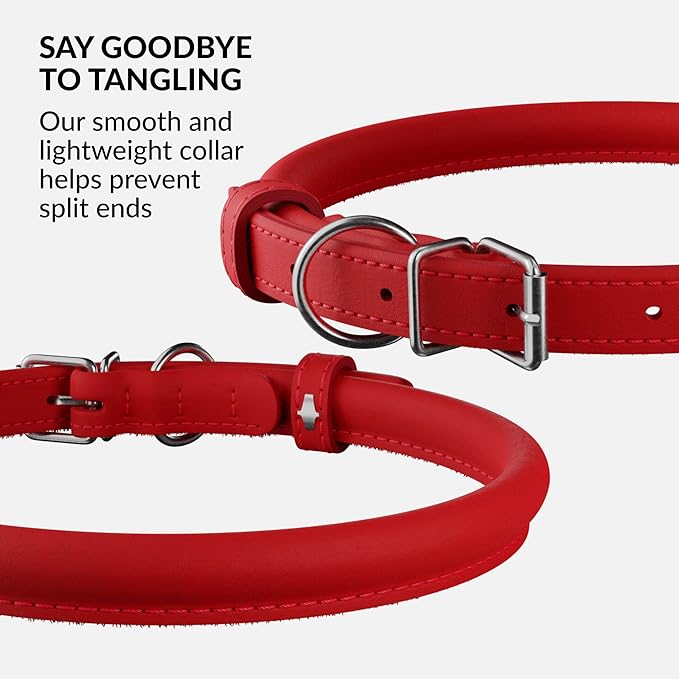CollarDirect Rolled Leather Dog Collar, Soft Padded Round Puppy Collar, Handmade Genuine Leather Collar Dog Small Large Cat Collars 13 Colors (11-14 Inch, Red Smooth)