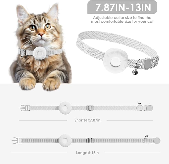 Cat Tracker, Pet Tracker for Cats, Cat GPS Tracker Collar with Safety Elastic Buckle, GPS Tracker Compatible with Apple Find My App (Only iOS), No Monthly Fee, Waterproof, White