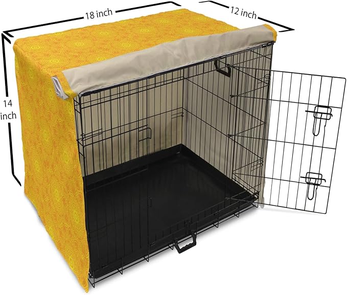 Lunarable Yellow Mandala Dog Crate Cover, Vibrant Colored Abstract Lotus Flowers Native Art Warm Sun Inspired, Easy to Use Pet Kennel Cover for Small Dogs Puppies Kittens, 18 Inch, Yellow Orange