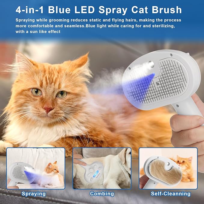 Pet Steam Hair Comb Brush for Shedding, 4 In 1 Spray Brush for Long & Short Haired Cat&Dog, Self-Cleaning Hair Remover with Water Tank And LED Blue Light, Release Button (White)