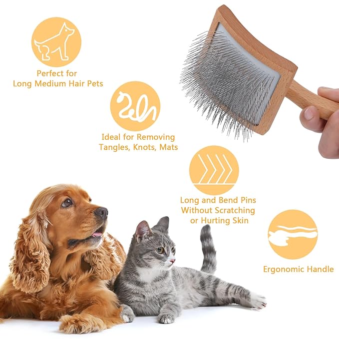 Ergonomic Slicker Brush for Long-Haired Dogs - Wooden Handle, Long Pins for Grooming Goldendoodles