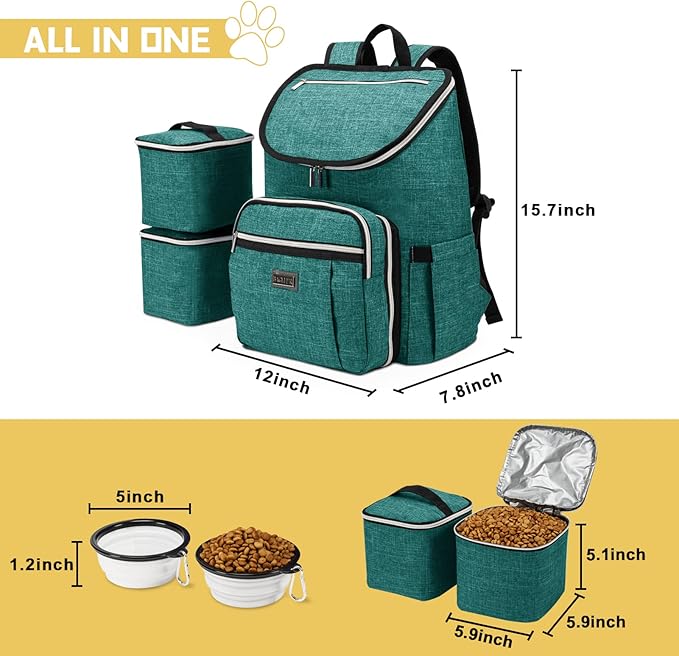 BAGLHER Travel Dog Backpack - Detachable Travel Dog Food Container for Pet Supplies Dog Gear Backpack,Dog Bag for Traveling with 2 Silicone Collapsible Bowls and 2 Food Baskets Green