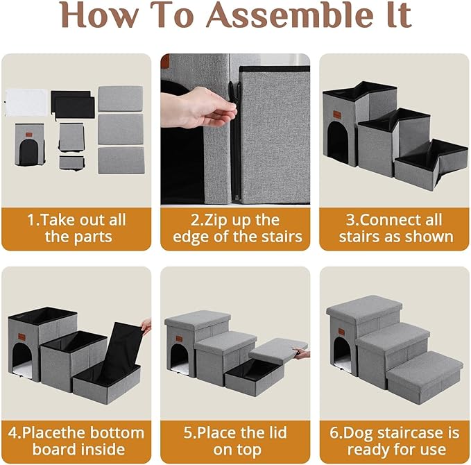 JOLLYVOGUE Dog Steps for Small Dogs, Cat Stairs with Storage, Non-Slip Dog Steps for Beds Couches, Folding Pet Stairs Helper for High Beds, Dog Ramp for Small Dogs and Cats or Pets Friendly, 2-Tiers