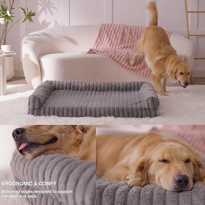 Thick Orthopedic Dog Bed for Large Dogs, Waterproof Supportive Foam Dog Sofa with Washable Cover, Faux Fur Comfy Bolster Couch Pet Beds with Nonskid Bottom (Beige, 36"x27")