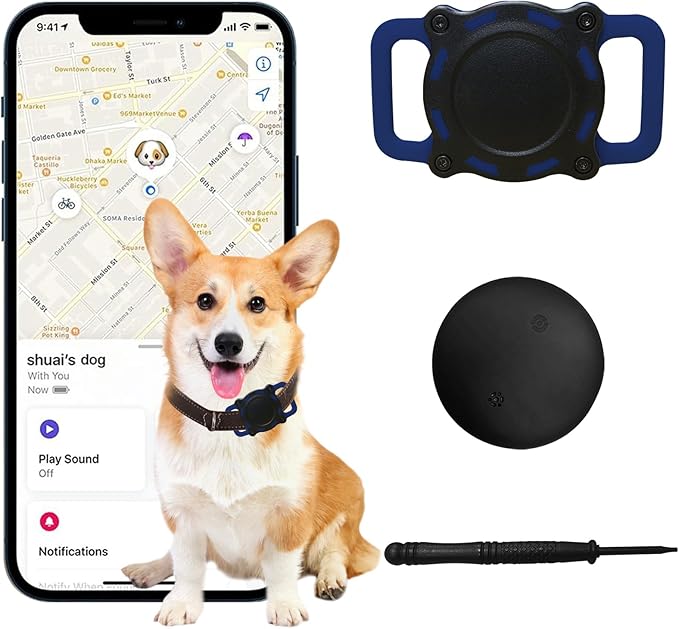 Dog Tracker, Pet Location Tracker with Collar Holder for Dogs, Item Finder, MFi Certified, No Monthly Fee, Works with Apple Find My, iOS Only (Black and Blue)