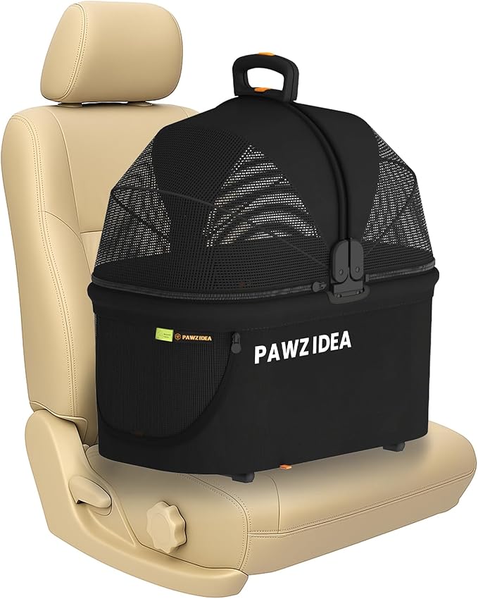 PAWZIDEA Portable Small Dog Crate for Car Travel, Enclosed Pet Car Seats for Small/Medium Dogs & Cats, Reversible No-Zip Canopy, Soft-Sided Pet Carrier Cage, Collapsible Travel Dog Kennel, Chew-Proof