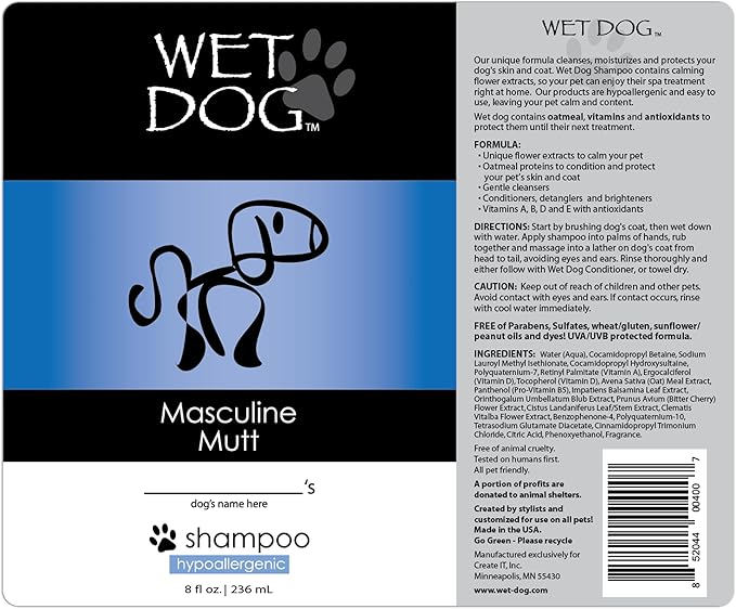 Wet Dog Masculine Mutt All-Natural Organic Oatmeal Sensitive Skin Shampoo for Male Dogs, Moisturizing Detangling Deshedding - 8 Ounce