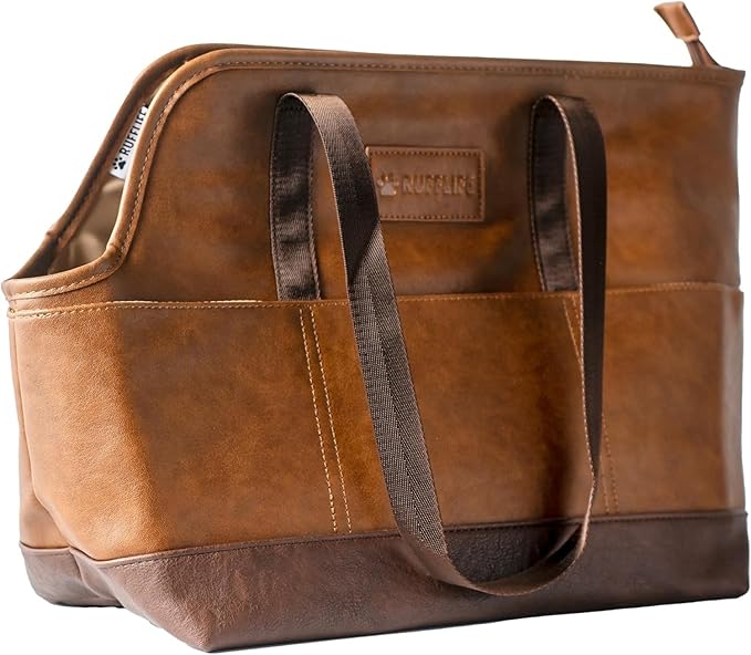 Luxury Dog Purse Carrier for Small Dogs, Faux Leather Pet Carrier Purse, Secure Harness Clip, Dog Tote Bag Carrier for Small Dogs and Puppies - Brown