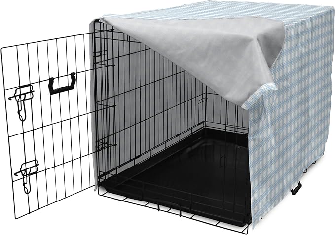 Lunarable Plaid Dog Crate Cover, Geometrical Striped Old Fashioned Pattern Pastel Colors Country, Easy to Use Pet Kennel Cover for Medium Large Dogs, 48 Inch, Pale Blue Yellow White