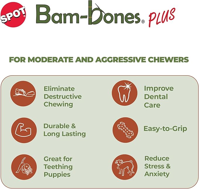 SPOT Bam-bones PLUS T Bone - Bamboo Fiber & Nylon, Durable Long Lasting Dog Chew for Aggressive Chewers – Great Toy for Adult Dogs & Teething Puppies under 60lbs, Non-Splintering, 6in, Beef Flavor