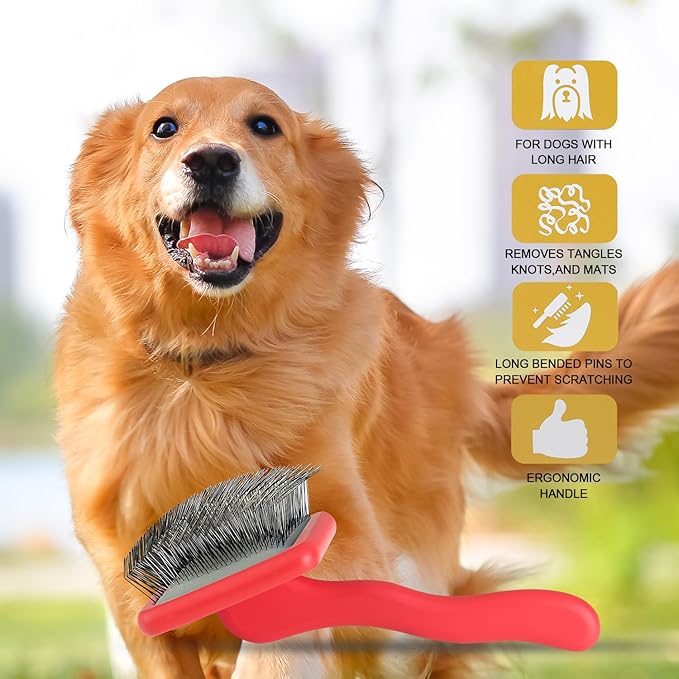 Slicker Brush for Grooming Long-Haired Dogs like Poodles, Goldendoodles, Labradoodles - Large Size Dematting Pin Brush for Pet Hair (Red)