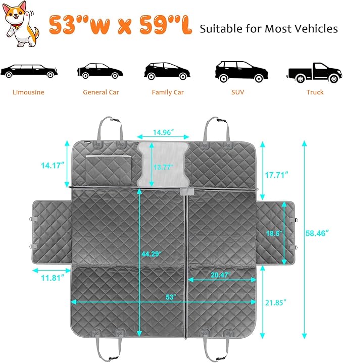URPOWER 6 in 1 Dog Car Seat Cover, 60/40 Split Dog Seat Cover for Back Seat 100% Waterproof Dog Car Hammock Nonslip Backseat Dog Cover with Mesh Window Pet Seat Protector for Cars, Trucks and SUVs