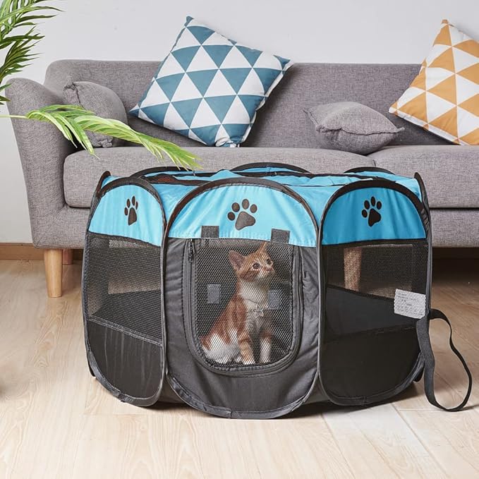 Foldable Pet Dog Playpen, Pop Up Portable Cat Playpen, Indoor/Outdoor for Kitten Puppy Play Pen, Cats Crate Tent with Carrying Bag, 600D Oxford (Sky Blue + Black, Medium (31.5"x31.5"x23"), 8)
