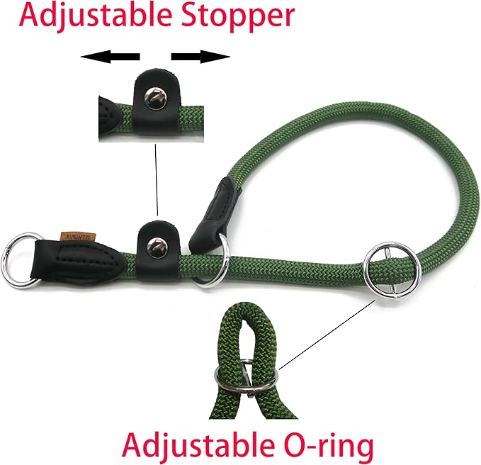 Braided Rope Collar, Training Dog Collar, Round Martingale Collar, Slip Collar with Adjustable Stopper and Slidable Stop Ring - Ideal for Large Dogs (L(1/2") - 20" Long, Dark Green)