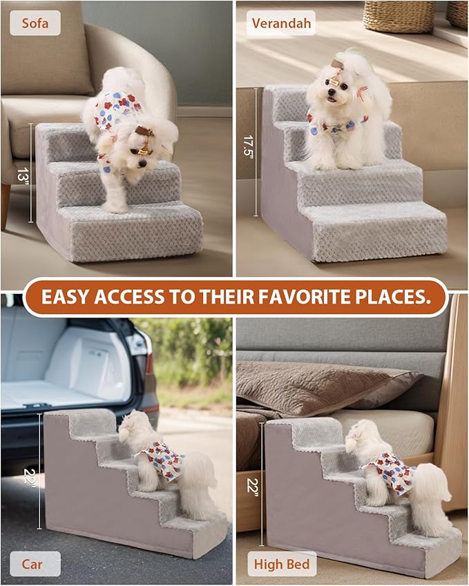 Dog Stairs for Small Dogs,22" H,5-Step Dog Steps for High Bed Couch and Sofa,Pet Stairs for Dogs and Cats Climbing with Non-Slip Bottom and Washable Cover,Light Grey