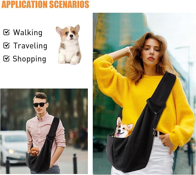 Small Dog Sling Carrier Black, Hand Free Pet Carrier, Adjustable Dog Sling for Outdoor Travel