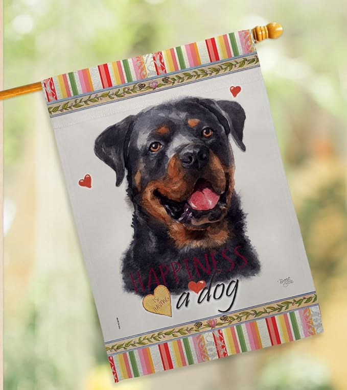Breeze Decor Rottweiler Happiness Garden House Flag Kit Dog Puppy Spoiled Paw Canine Fur Pet Nature Farm Animal Creature Decoration Banner Small Yard Gift Double-Sided, Made in USA