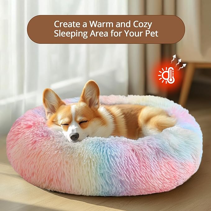 JOLLYVOGUE Dog Beds for Medium Dogs, Anti-Anxiety Washable Round Bed, Calming Donut Dog Cat Bed for Puppy Bed, Fluffy Dog Beds for Medium Dogs, Round Puppy Bed for Indoor Pet (28"/Rainbow