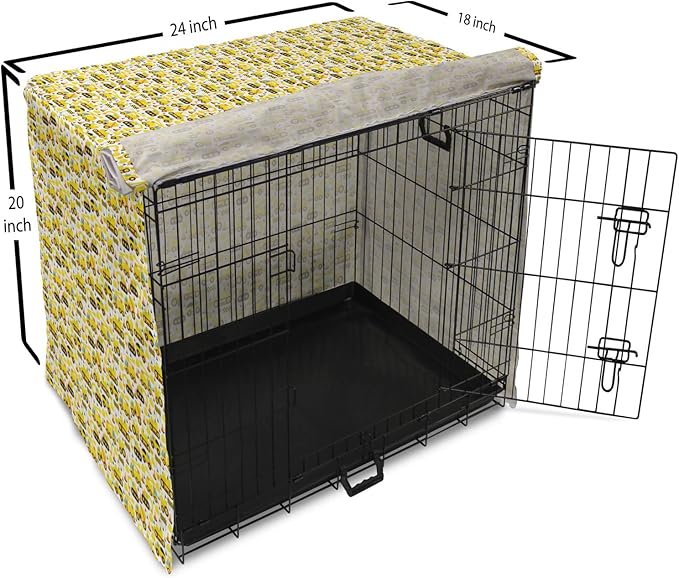 Lunarable Cartoon Dog Crate Cover, Construction Vehicles Style Machines Safety Building Theme, Easy to Use Pet Kennel Cover for Cats & Medium Dogs, 24 Inch, Yellow White Black