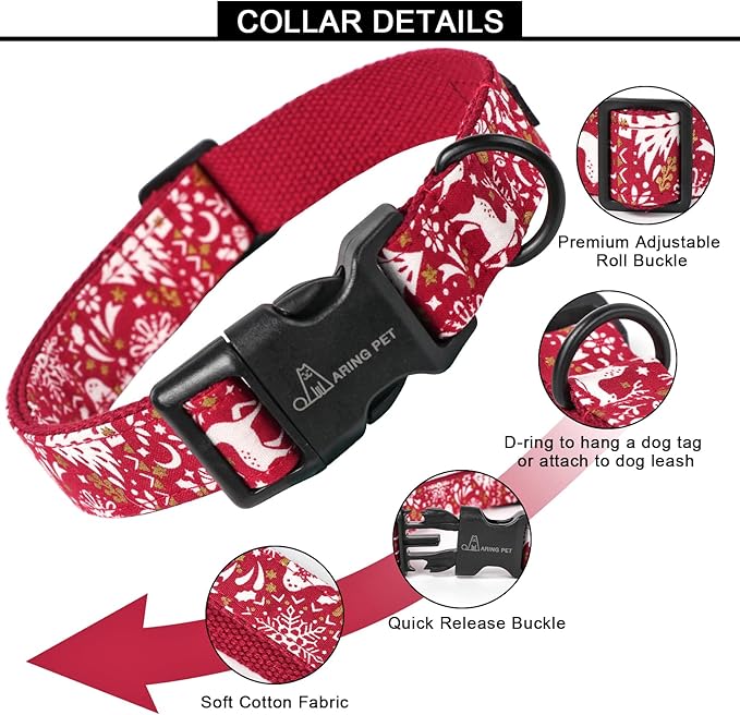ARING PET Christmas Dog Collar Cute Red Reindeer Dog Collars, Cotton Lightweight Christmas Dog Collars Puppy Collar for Small Medium Large Dogs